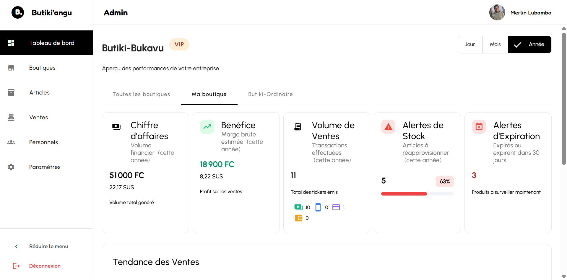Interface d'administration Butiki'angu sur ordinateur de bureau